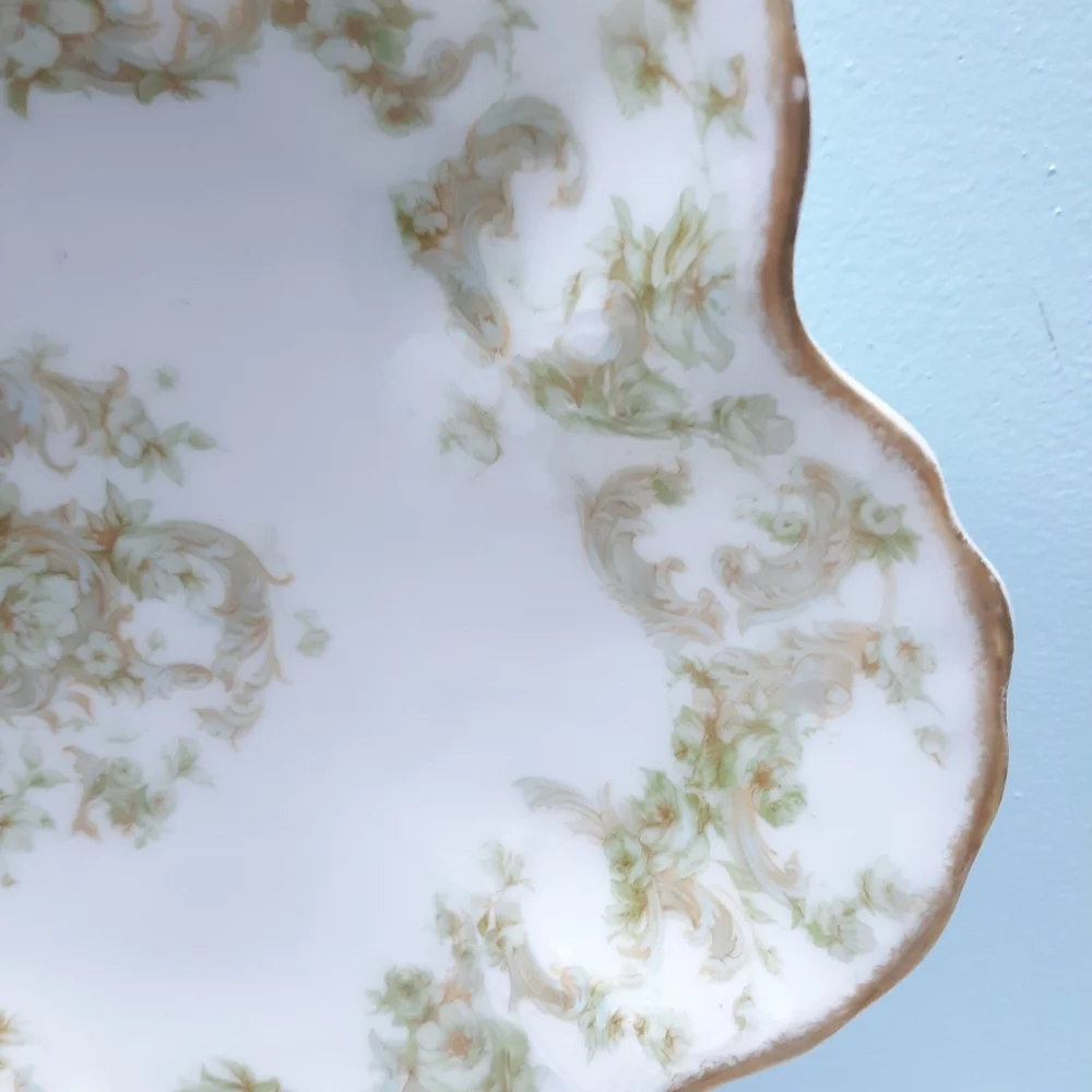 Haviland Limoges Porcelain Bon Bon Dish With Green Floral and Gold Gilding